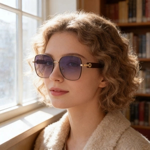 Détail de lunettes de soleil carrées en métal doré avec verres dégradés violets