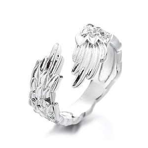 Polished silver feather zircon open ring with adjustable angel wing design for women