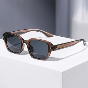 Brown rectangular polarized sunglasses on a white pedestal with high-quality acetate frames