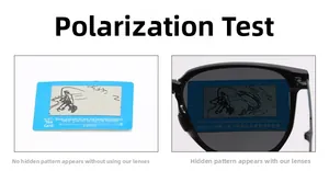 Polarized lens test showing glare reduction on a blue card with square black sunglasses
