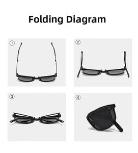 Detailed four-step diagram showing the folding mechanism of black polarized sunglasses