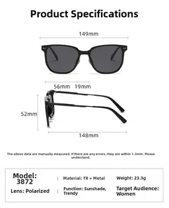 Detailed size guide and specifications for polarized sunglasses with TR90 metal frame