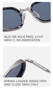 Details von weichen Silikon-Nasenpads und Federkap-Scharnieren der quadratischen Brille