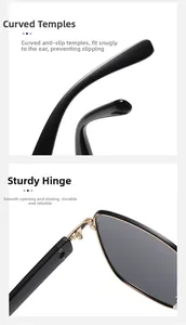 Détail de lunettes de soleil avec charnières métalliques et branches antidérapantes