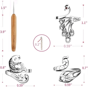 Adjustable peacock and koi fish rings set with crochet hook size specifications