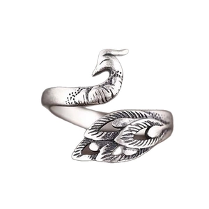 Vintage peacock knitting crochet ring in antique silver finish with adjustable open band