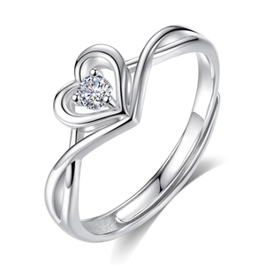 Fashionable hollow double heart open ring with sparkling diamond inlay in silver finish