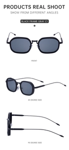 Drei Ansichten der eckigen schwarzen Sonnenbrille mit grauen Gläsern Typ C1