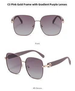 Vue détaillée des lunettes de soleil carrées or rose avec verres dégradés violets