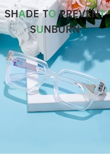 Détail d'une monture de lunettes carrée mate avec charnières argentées sur fond d'été
