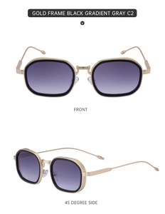 Detailsicht der eckigen Sonnenbrille mit goldfarbenen Bügeln und grauen Verlaufsgläsern