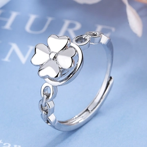 Rotating Four-Leaf Clover Spinner Ring Adjustable Silver Plated Copper Hollow Chain Band Jewelry Gift For Women