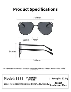 Specifiche delle dimensioni per occhiali da sole polarizzati aviator uomo in metallo nero