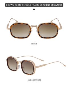 Vorder- und 45-Grad-Seitenansicht der Vintage-Sonnenbrille mit Goldrahmen und Teegläsern