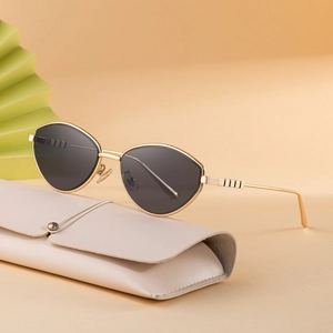 Occhiali da sole fashion cat-eye con montatura in metallo dorato e lenti scure su custodia
