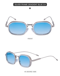 Vorder- und Seitenansicht der silbernen Metallsonnenbrille mit blauem Verlaufsglas