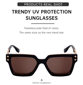 Détails de lunettes de soleil carrées polarisées avec verres marron et rivets dorés