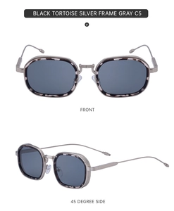 Detail der quadratischen Sonnenbrille mit schwarzem Schildpatt und Silberbügeln