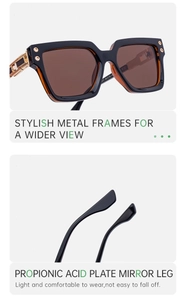 Détails de lunettes de soleil carrées avec branches en métal doré et spécifications