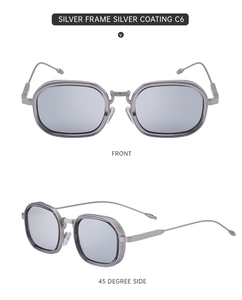 Vorder- und 45-Grad-Ansicht der quadratischen Retro-Sonnenbrille mit silbernen Metallrahmen