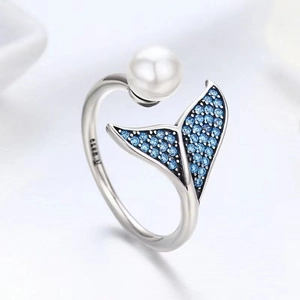 Exquisite S925 silver fishtail open ring with blue zircons and white pearl accents