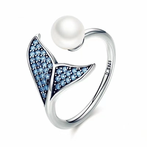 Exquisite S925 silver fishtail ring with large pearl and blue zircon accents