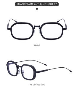 Details einer quadratischen schwarzen Brille mit Blaulichtfilter und Metallbügeln