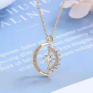 Celestial Moon Star Pendant Necklace Copper With Zircon Rotatable Clavicle Chain Jewelry For Women Elegant Trendy