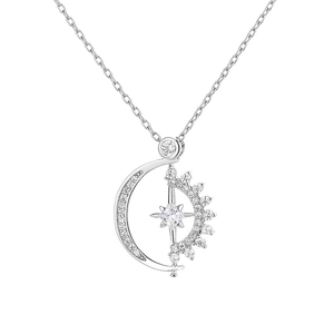 Celestial sun and crescent moon pendant necklace with star stone and pave zircons