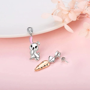 Orecchini Asimmetrici Coniglio E Carota Rame Con Zircone Gioielli Cartone Animato Donne Perno Per Orecchino In Argento