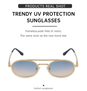 Detail view of oval blue-orange gradient lenses with gold metal double-bridge frame