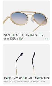 Detail of round gold metal sunglasses featuring blue gradient lenses and anti-slip temples