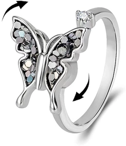 Bague anti-stress papillon rotative argentée avec cristaux brillants et taille réglable