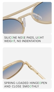 Detail of sunglasses featuring gold metal frame, blue gradient lenses and silicone nose pads