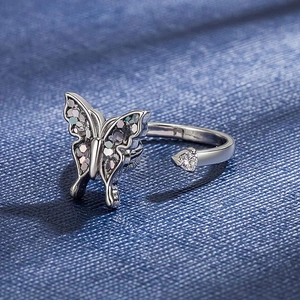 Bague ajustable papillon en argent avec incrustation mosaïque et zircon brillant sur tissu