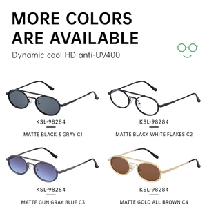Multiple colors of oval metal sunglasses with anti-UV400 lenses in a four-grid display