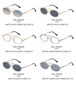 Collage of retro oval metal sunglasses in various frame and lens color options