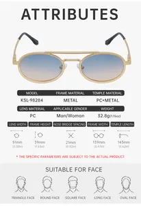 Size chart showing KSL-98284 sunglasses dimensions and metal frame specifications