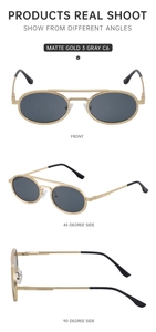 Three perspectives of matte gold oval sunglasses with grey lenses and double bridge details