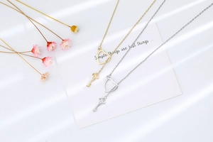 Detailed close-up of heart and key necklace pendants in gold and silver on a display card