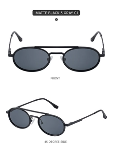 Front and 45-degree side views of matte black oval metal sunglasses with double bridge