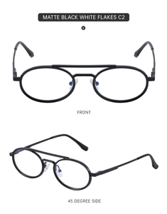 Front and side view of matte black white flakes oval frame sunglasses with double bridge