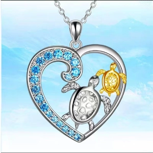 Heart Sea Turtle Pendant Necklace Copper With Blue Cubic Zirconia Ocean Beach Jewelry For Women Double Turtles