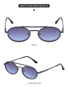 Detailed front and side views of matte gun gray oval sunglasses with blue gradient lenses