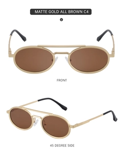 Detail view of matte gold oval sunglasses with brown lenses and double bridge design