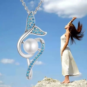 Mermaid tail pearl pendant necklace with blue zircon and S925 silver finish for women