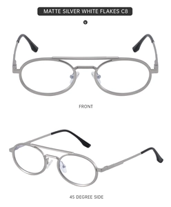 Front and 45-degree side views of matte silver double-bridge oval metal eyewear frames