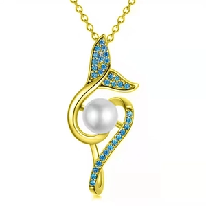 Golden mermaid tail musical note necklace with white pearl and blue accents