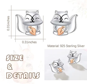 Detail view of 925 sterling silver squirrel earrings with a rose gold leaf accent