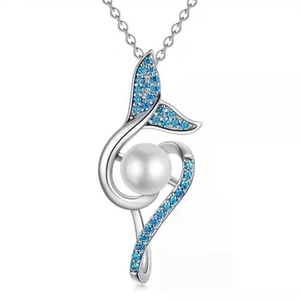 Mermaid Tail Artificial Pearl Pendant Necklace Copper With Blue Zircon Elegant Ocean Style Jewelry For Women